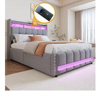 Lit rembourré 140 * 200cm avec éclairage LED et prise USB, tête de lit avec étagères et espace de rangement, avec r