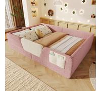 Lit rembourré 140 x 190 cm avec barrières de sécurité et sac en tissu – Lit en velours rose, barrières amovibles, sac de rangement intégré, 197 x 148 x 42 cm