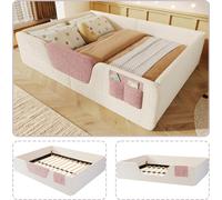 Lit rembourré 140 x 190 cm, beige - Lit pour enfant et adolescent avec barrières latérales amovibles, revêtement en velours, conception silencieuse et poche de rangement - Matelas non inclus