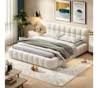 Lit rembourré 140 x 190 cm, lit jeune, lit double avec dossier moelleux, et bordure rembourrée, sommier à lattes lin beige (matelas non inclus)