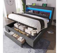 Lit rembourré 140 x 200 cm avec coffre de rangement hydraulique et tête de lit dotée d'un compartiment de rangement, d'un éclairage LED ainsi que de ports USB et USB-C, sans matelas