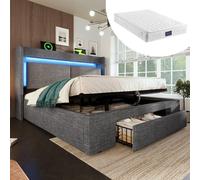 Lit rembourré 140 x 200 cm avec coffre de rangement hydraulique et tête de lit dotée d'un compartiment de rangement, d'un éclairage LED ainsi que de ports USB et USB-C, avec matelas