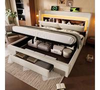 Lit rembourré 140 x 200 cm avec coffre de rangement hydraulique et tête de lit dotée d'un compartiment de rangement, éclairage LED et ports USB et USB-C, beige, sans matelas