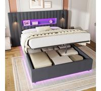 Lit rembourré 140 x 200 cm avec espace de rangement, lit à LED, lit double | Lit de rangement avec USB, 2 lampes de lecture, sommier à lattes et housse en velours, cadre de lit sans matelas pour chambre