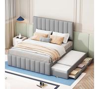 Lit rembourré 140 x 200 cm avec lit gigogne et tiroirs, lit double avec rembourrage en lin doux pour la peau, lit pour enfants et adolescents, lit d'appoint, gris