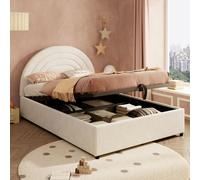 Lit rembourré 140 x 200 cm, couleur beige, avec coffre de rangement hydraulique, lit d'enfant et lit pour adolescent en velours avec sommier à lattes, modèle intégré sans matelas
