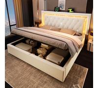 Lit rembourré 140 x 200 cm, lit double en velours avec bande LED en forme de diamant sur la tête de lit, station de recharge USB et Type-C, espace de rangement hydraulique (sans matelas)