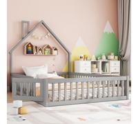Lit rembourré, 140 x 200 cm, lit enfant en forme de cheminée, lit avec sommier à lattes (sans matelas), bois de pin, style minimaliste, gris