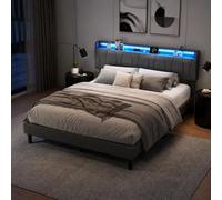 Lit rembourré 140 x 200 LED USB, lit double avec coffre de lit, sommier à | Cadre de lit moderne pour adolescent avec tête de lit rembourrée pour chambre à coucher et chambre d'amis, lin, sans matelas