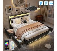 Lit rembourré 140x190 cm avec 4 tiroirs - Lit coffre avec LED et fonction de charge USB Type-C - Lit 2 Personnes avec sommier - Lin