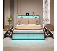 Lit rembourré 140x190cm avec 2 ports USB et 1 port Type-C, Lit Coffre 140x190cm avec Rangement, Lit double capitonné à LED avec tiroirs, Lin, Beige