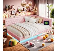 Lit rembourré 140x200 cm avec éclairage LED et port USB, cadre de lit pour adolescents avec sommier à lattes, canapé-lit, lit convertible, canapé-lit, lit d'appoint, lit multifonction, lit double, san