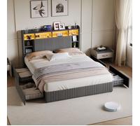 Lit rembourré 140x200 cm avec sommier et 4 tiroirs - Lit coffre avec rangement de chevet - Port USB de Type C - 2 personnes - Gris