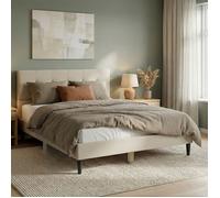Lit rembourré 140x200 cm beige | avec sommier à lattes | cadre de lit double en tissu