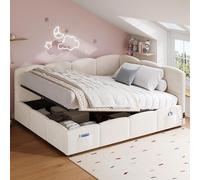 Lit rembourré 140x200 cm, couleur beige – Canapé-lit et lit pour enfants avec rangement, port USB, pochette de rangement, convertible en fauteuil, sommier à lattes, revêtement en velours, capacité de