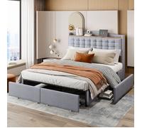 Lit rembourré 140x200 cm gris avec 4 tiroirs, sommier à lattes et tête de lit USB - sans matelas
