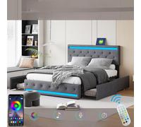 Lit rembourré 140x200 cm, LED, 4 tiroirs, USB, coffre en lin, sommier bois -Gris