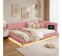 Lit rembourré 140x200, lit de jour avec LED et port USB, lit pour enfant rose avec sommier à lattes, canapé-lit simple en polaire, structure de lit (rose), sans matelas