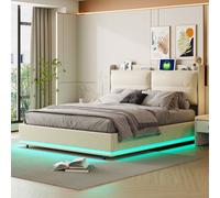 Lit rembourré 140x200cm avec chargement sans fil (USB & Type-c), lit double avec LED, velours, beige