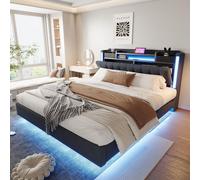 Lit rembourré 160*200 avec éclairage LED et prise USB, tête de lit avec espace de rangement, lit suspendu lit adolescent lit adulte, tissu lin, gris