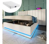 Lit rembourré 160 × 200, lit double avec rangement,via application, éclairage LED et port USB-C, sommier à lattes, avec matelas, sans table de chevet