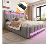 Lit rembourré 160 * 200cm avec éclairage LED et prise USB, tête de lit avec étagères et espace de rangement, avec r
