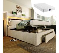 Lit rembourré 160 x 200 cm avec coffre de rangement hydraulique et tête de lit dotée d'un compartiment de rangement, éclairage LED et ports USB et USB-C, beige, avec matelas