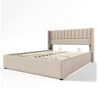 Lit rembourré 160 x 200 cm - Lit double avec coffre de rangement - Sommier à lattes à relevage hydraulique - Cadre en bois - Tête de lit haute - Beige