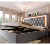 Lit rembourré 160 x 200 cm, lit double en velours avec bande LED en forme de diamant sur la tête de lit, station de recharge USB et Type-C, coffre de rangement hydraulique (sans matelas)