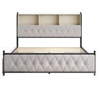 Lit rembourré 160 x 200 cm - Sommier à tiroirs - Tête de lit avec étagère à LED et port USB - Revêtement en velours - Espace de rangement - Beige