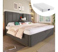 Lit rembourré 160x200 cm, lit double avec porte-gobelets dissimulé et station de charge, lit à l'hydraulique avec espace de rangement sous le lit, inclut un sommier à lattes