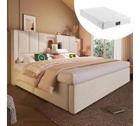 Lit rembourré 160x200 cm, lit double avec porte-gobelets dissimulé et station de charge, lit à l'hydraulique avec espace de rangement sous le lit, inclut un sommier à lattes