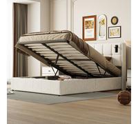 Lit Rembourré 160x200cm avec sommier à lattes & liseuses, lit coffre lit double, velours, beige