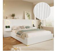 Lit rembourré 180 x 200 cm en velours beige avec tête de lit LED USB chevets à tiroirs et sommier à lattes