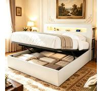 Lit rembourré 180 x 200 cm, sommier en bois avec tête de lit à LED, rangement à ouverture hydraulique, blanc, lit double moderne avec prises électriques et sommier à lattes, sans matelas