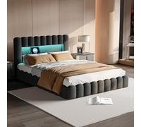 Lit rembourré 180x200 cm avec éclairage LED et point de charge USB, avec fonction hydraulique et sommier à lattes, en lin, adapté aux adultes et aux adolescents, sans matelas (Gris, 180x200cm)