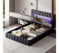 Lit Rembourré 180x200 cm avec Eclairage LED et Point de Charge USB, avec Fonction Hydraulique et Sommier à Lattes, en Lin, Adapté aux Adultes et aux Adolescents, Sans Matelas (Gris, 140x200cm)