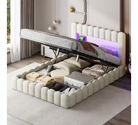 Lit Rembourré 180x200 cm avec Eclairage LED et Point de Charge USB, avec Fonction Hydraulique et Sommier à Lattes, en Lin, Adapté aux Adultes et aux Adolescents, Sans Matelas (Beige, 140x200cm)