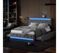 Lit rembourré 180x200 cm, LED, 4 tiroirs, USB, coffre en lin, sommier bois -Gris