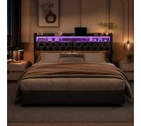 Lit rembourré 180x200 cm, lits coffre hydraulique avec espace de rangement et sommier à lattes, lits double 180x200, tête de lit LED avec compartiment de rangement et fonction de charge USB,PU