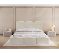 Lit Rembourré 180x200 Coffre avec Rangement - Capitonné Beige en Tissu Velours - Double Moderne avec Tête De Lit - Cadre De Lit avec Sommier à Lattes - Adulte Harmony - Crème