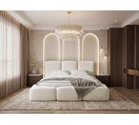 Lit Rembourré 180x200 Coffre avec Rangement - Capitonné Blanc écru en Tissu Bouclette - Double Moderne avec Tête De Lit - Cadre De Lit avec Sommier à Lattes - Adulte - Harmony - Crème