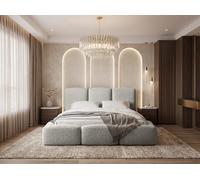 Lit Rembourré 180x200 Coffre avec Rangement - Capitonné en Tissu Bouclette - Double Moderne avec Tête De Lit - Cadre De Lit avec Sommier à Lattes - Adulte - Harmony - Gris