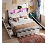 Lit Rembourré 180x200cm, Cadre de Lit avec LED et USB, Lit 2 Personnes avec 4 Tiroirs de Rangement, Lit Capitonne en Velours, Beige