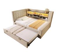 Lit rembourré 90/200 cm beige en lin et métal avec lit gigogne LED