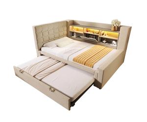 Lit rembourré 90/200 cm beige en lin et métal avec lit gigogne LED