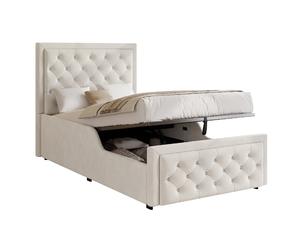 Lit rembourré 90/200 cm beige en velours avec coffre hydraulique