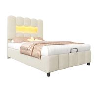 Lit rembourré 90×200 cm en velours beige avec LED multicolore, coffre à vérin hydraulique et tête de lit réglable