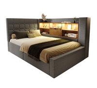 Lit rembourré 90/200 cm gris en lin avec LED rangement et tête de lit modulable