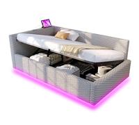 Lit rembourré 90/200 cm gris en velours avec LED ports USB et coffre